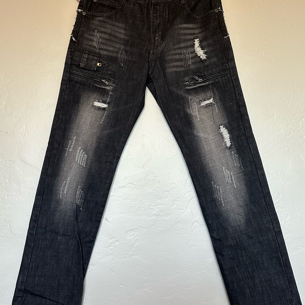 Slim Straight Black Jeans with Distressed Look
